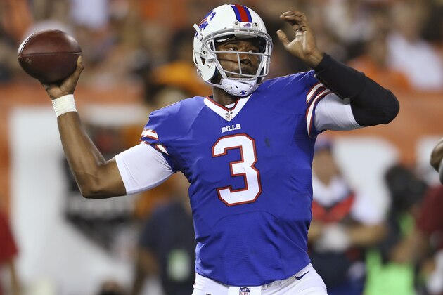 Buffalo Bills quarterback EJ Manuel throws against the Cleveland Browns during the fourth quarter of an NFL preseason football game, Thursday, Aug. 20, 2015, in Cleveland. (AP Photo/Ron Schwane)