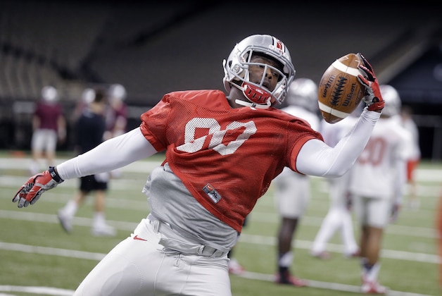 Ohio State wide receiver Noah Brown (80) goes through drills during practice at the Mercedes-Benz Superdome in New Orleans, Monday, Dec. 29, 2014. They will square off against Alabama in the Allstate Sugar Bowl NCAA football game, which will be played Jan. 1, 2015. (AP Photo/Gerald Herbert)