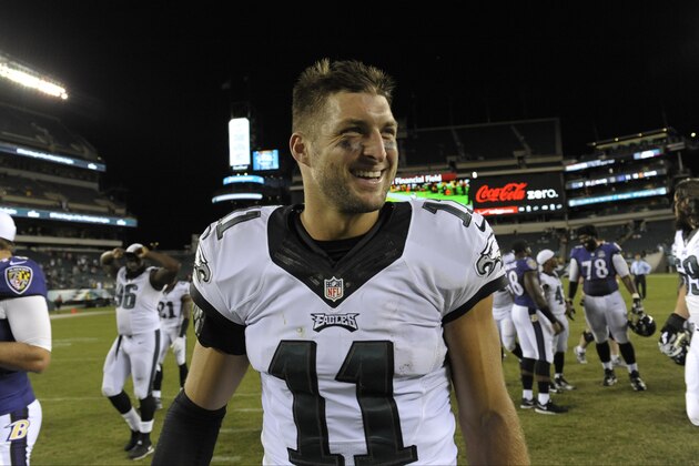 Philadelphia Eagles' Tim Tebow walks off the field after a preseason NFL football game against the Baltimore Ravens, Saturday, Aug. 22, 2015, in Philadelphia. Philadelphia won 40-17. (AP Photo/Michael Perez)