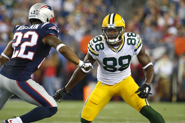 Green Bay Packers wide receiver Ty Montgomery tries to get open against the New England Patriots during a NFL preseason football game at Gillette Stadium in Foxborough, Mass. Friday, Aug. 13, 2015. Green Bay beat New England 22-11. (Winslow Townson/AP Images for Panini)