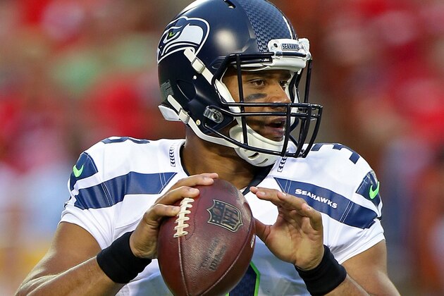 Seattle Seahawks quarterback Russell Wilson (3) drops back to pass during an NFL game against the Kansas City Chiefs on Friday Aug. 21, 2015 at Arrowhead Stadium in Kansas City, Mo. (AP Photo/TUSP, Jay Biggerstaff)