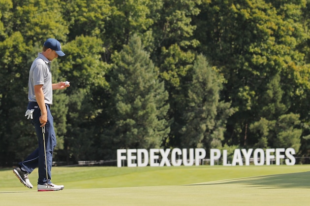 EDISON, NJ - AUGUST 27:  Jordan Spieth of the United States walks across the 18th green during the first round of The Barclays at Plainfield Country Club on August 27, 2015 in Edison, New Jersey.  (Photo by Hunter Martin/Getty Images)