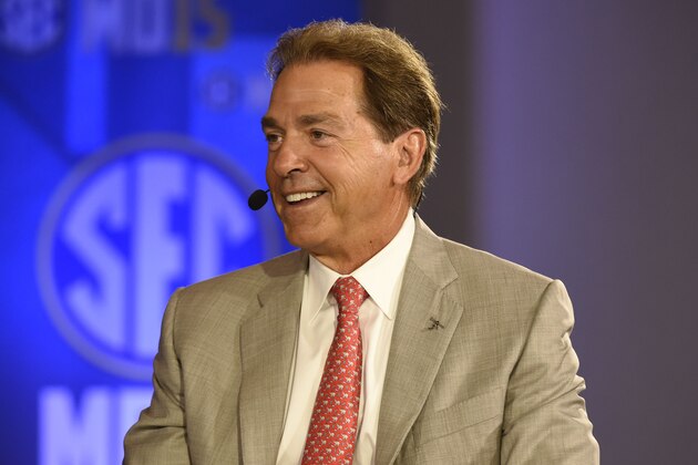 Jul 15, 2015; Birmingham, AL, USA; Alabama Crimson Tide head coach Nick Saban speaks to ESPN during SEC media day at the Wynfrey Hotel. Mandatory Credit: Shanna Lockwood-USA TODAY Sports