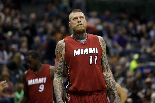 Miami Heat's Chris Andersen looks up during an NBA basketball game against the Milwaukee Bucks Tuesday, March 24, 2015, in Milwaukee. (AP Photo/Aaron Gash)