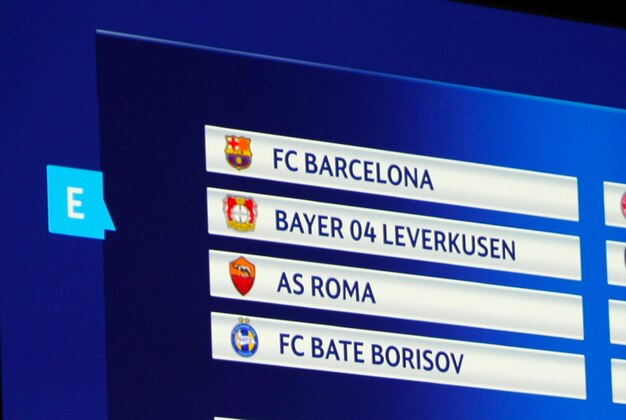 General view of the final draw for the UEFA Champions League groups E, F, G, H, on an electronic board after draw at the Grimaldi Forum, in Monaco, Thursday, Aug. 27, 2015. (AP Photo/Claude Paris)