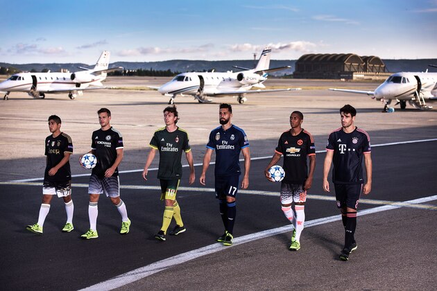 MARSEILLE, FRANCE - AUGUST 27:  (L-R) Guido Vadala of Juventus, Cesar Azpilicueta of Chelsea FC, Riccardo Montolivo of AC Milan Alvaro, Arbeloa of Real Madrid, Ashley Young of Manchester United and Javi Martinez of Bayern Munich arrive at Marseille Airport wearing their new 'spark in the night' third kits for the adidas #BETHEDIFFERENCE Final on August 27, 2015 in Marseille, France.  (Photo by Adam Pretty/Getty Images for adidas)