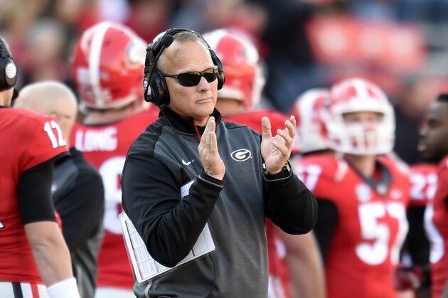Nov 22, 2014; Athens, GA, USA; Georgia Bulldogs head coach Mark Richt reacts to the action against the Charleston Southern Buccaneers during the second half at Sanford Stadium. Georgia defeated Charleston Southern 55-9. Mandatory Credit: Dale Zanine-USA TODAY Sports