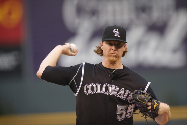 Colorado Rockies starting pitcher Jon Gray (55) in the first inning of a baseball game Friday, Aug. 21, 2015, in Denver. (AP Photo/David Zalubowski)