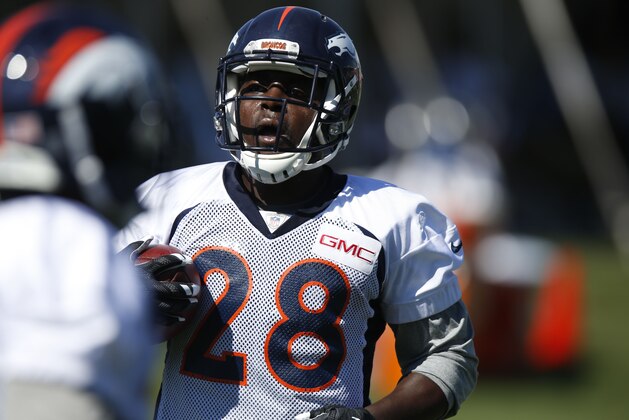 Denver Broncos running back Montee Ball (28) at the team's NFL football training camp Friday, July 31, 2015, in Englewood, Colo. (AP Photo/David Zalubowski)