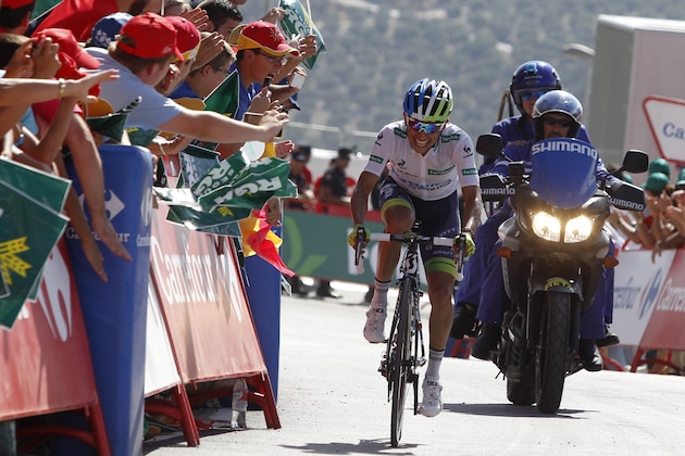 Orica GreenEdge's Colombian cyclist Esteban Chaves arrives to cross the finish line and win the sixth stage of the 2015 Vuelta Espana cycling tour, a 200.3km stage between Cordoba and Cazorla on August 27, 2015.  AFP PHOTO/ JOSE JORDAN        (Photo credit should read JOSE JORDAN/AFP/Getty Images)