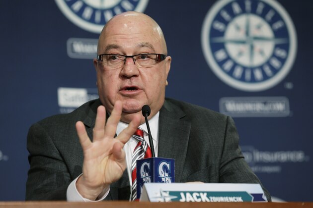 Seattle Mariners general manager Jack Zduriencik mentions the four Mariners players selected to the MLB All-Star team last season as he talks to reporters, Thursday, Jan. 22, 2015, during the team's annual pre-Spring Training press conference in Seattle. (AP Photo/Ted S. Warren)