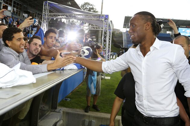 MONTREAL, QC - JULY 30: Former Chelsea player Didier Drogba of the Ivory Coast is presented to fans of the MLS team Montreal Impact during a jersey presentation and press conference at Stade Saputo on July 30, 2015 in Montreal, Quebec, Canada. (Photo by Jean Catuffe/Getty Images)