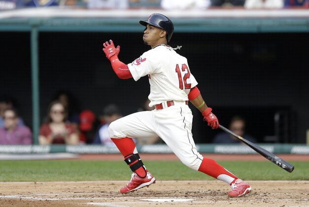 Cleveland Indians’ Francisco Lindor bats against the Oakland Athletics in a baseball game, Saturday, July 11, 2015, in Cleveland. (AP Photo/Tony Dejak)