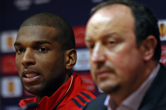 Liverpool 's Spanish manager Rafael Benitez (R) and Liverpool's Dutch forward Ryan Babel attend a press conference at Anfield in Liverpool, north-west England, on April 28, 2010.  Benitez expects Liverpool to produce another memorable Anfield comeback in their Europa League semi-final second leg against Atletico Madrid on Thursday.    AFP PHOTO/PAUL ELLIS (Photo credit should read PAUL ELLIS/AFP/Getty Images)