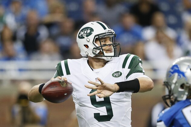 New York Jets quarterback Bryce Petty looks to pass during the first half of an NFL preseason football game against the Detroit Lions, Thursday, Aug. 13, 2015, in Detroit. (AP Photo/Rick Osentoski)