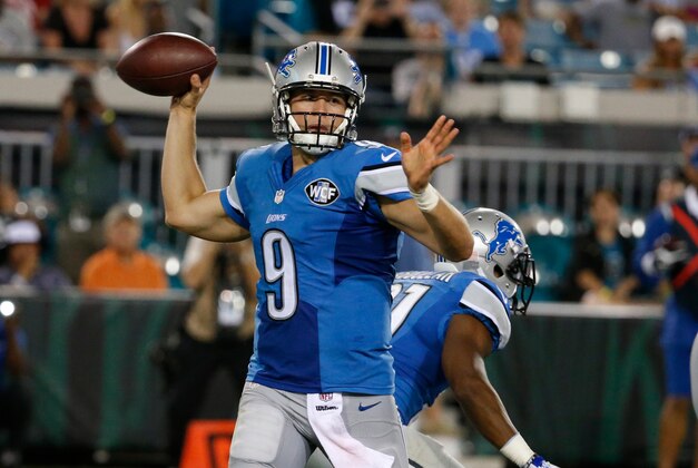 Detroit Lions quarterback Matthew Stafford throws a pass against the Jacksonville Jaguars during the first half of an NFL preseason football game in Jacksonville, Fla., Friday, Aug. 28, 2015.(AP Photo/Stephen B. Morton)