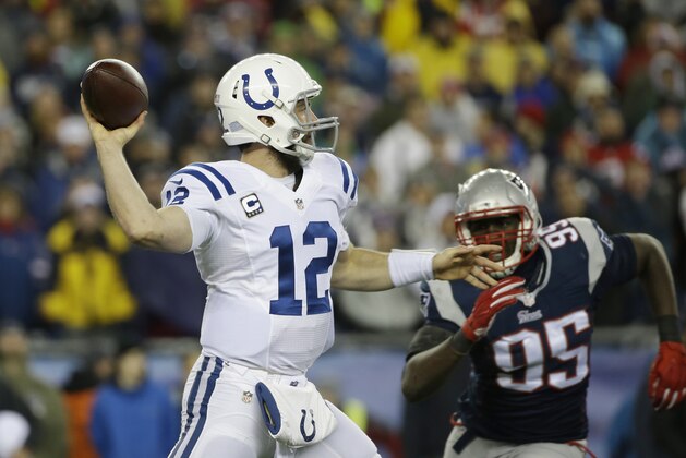 Indianapolis Colts quarterback Andrew Luck (12) throws during the first half of the NFL football AFC Championship game against the New England Patriots Sunday, Jan. 18, 2015, in Foxborough, Mass. (AP Photo/Matt Slocum)
