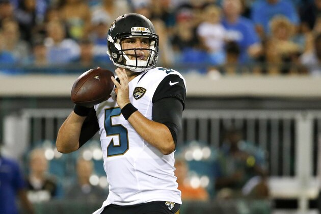 Jacksonville Jaguars quarterback Blake Bortles (5) looks for a receiver during the first half of an NFL preseason football game between the Jacksonville Jaguars and the Detroit Lions in Jacksonville, Fla., Friday, Aug. 28, 2015.(AP Photo/Stephen B. Morton)