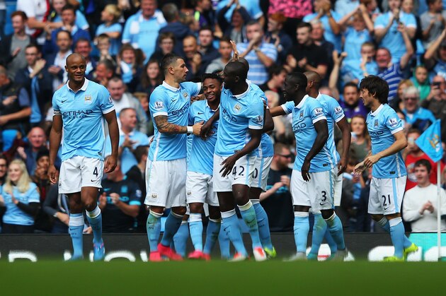 MANCHESTER, ENGLAND - AUGUST 29:  Raheem Sterling (3rd L) of Manchester City celebrates scoring his team's first goal with his team mates during the Barclays Premier League match between Manchester City and Watford at Etihad Stadium on August 29, 2015 in Manchester, England.  (Photo by Alex Livesey/Getty Images)