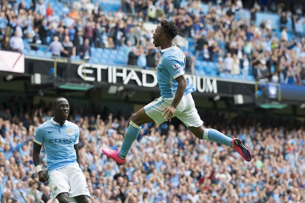 Manchester City's Raheem Sterling celebrates after scoring during the English Premier League soccer match between Manchester City and Watford at the Etihad Stadium, Manchester, England, Saturday Aug. 29, 2015. (AP Photo/Jon Super)