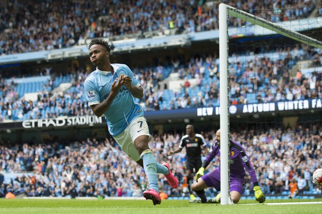 Manchester City's Raheem Sterling celebrates after scoring during the English Premier League soccer match between Manchester City and Watford at the Etihad Stadium, Manchester, England, Saturday Aug. 29, 2015. (AP Photo/Jon Super)