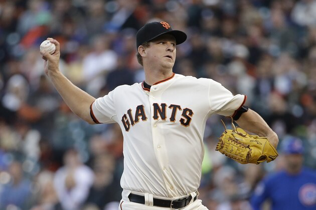 San Francisco Giants pitcher Matt Cain throws against the Chicago Cubs during the first inning of a baseball game in San Francisco, Tuesday, Aug. 25, 2015. (AP Photo/Jeff Chiu)