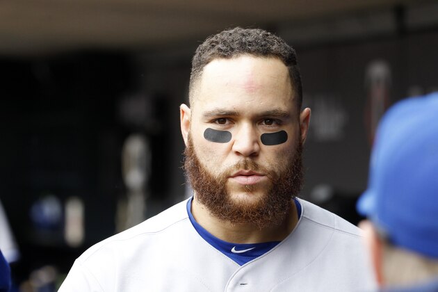 Toronto Blue Jays catcher Russell Martin walks through the dugout during the first inning of a baseball game against the Minnesota Twins in Minneapolis, Sunday, May 31, 2015. (AP Photo/Ann Heisenfelt)