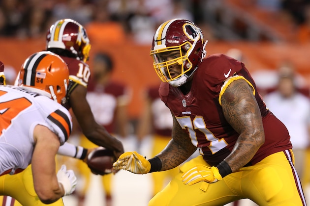 Washington Redskins tackle Trent Williams (71) against the Cleveland Browns linebacker Scott Solomon (54) during an NFL preseason football game, Thursday, Aug. 13, 2015, in Cleveland. (AP Photo/Ron Schwane)