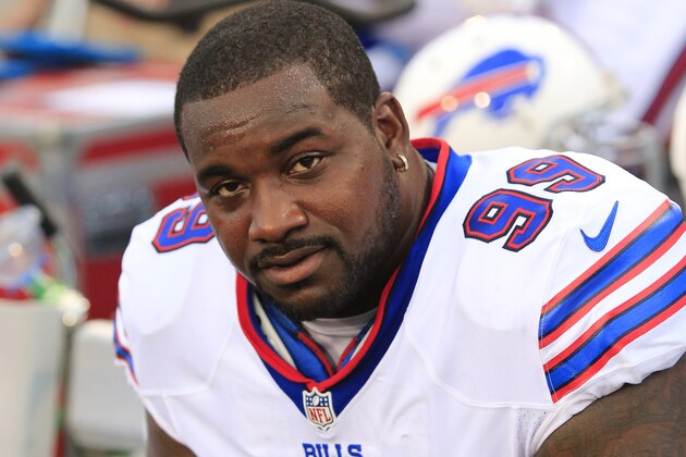Buffalo Bills defensive tackle Marcell Dareus (99) watches the action during the first half of an NFL preseason football game against the Carolina Panthers  on Friday, Aug. 14, 2015, in Orchard Park, N.Y. (AP Photo/Bill Wippert)