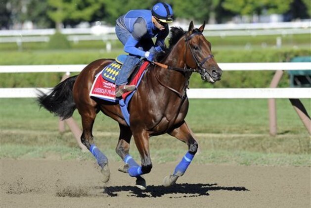 Triple Crown winner American Pharoah, with exercise rider George Alvarez up, works out at Saratoga Race Course on Friday, Aug. 28, 2015, in Saratoga Springs, N.Y. American Pharoah is the overwhelming 1-5 favorite in a 10-horse field for Saturday's Travers Stakes horse race at Saratoga. (AP Photo/Hans Pennink)