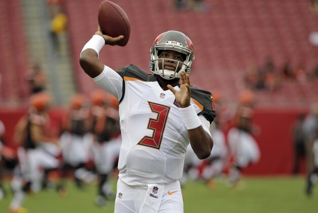 Tampa Bay Buccaneers quarterback Jameis Winston (3) throws the football before an NFL preseason football game against the Cleveland Browns Saturday, Aug. 29, 2015, in Tampa, Fla. (AP Photo/Chris O'Meara)