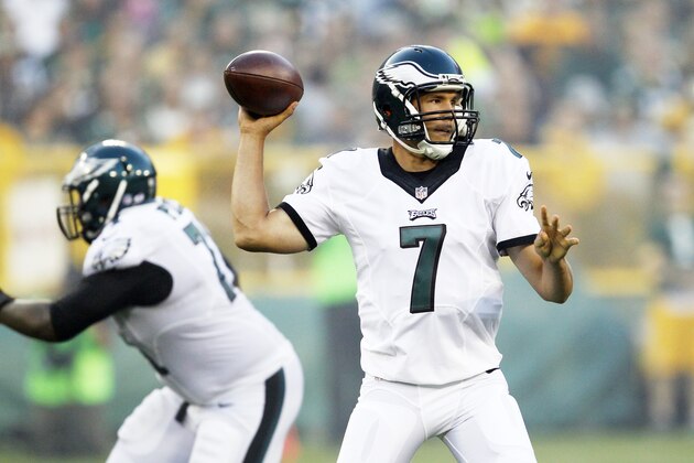 Philadelphia Eagles quarterback Sam Bradford throws during the first half of an NFL football game against the Green Bay Packers Saturday, Aug. 29, 2015, in Green Bay, Wis. (AP Photo/Matt Ludtke)