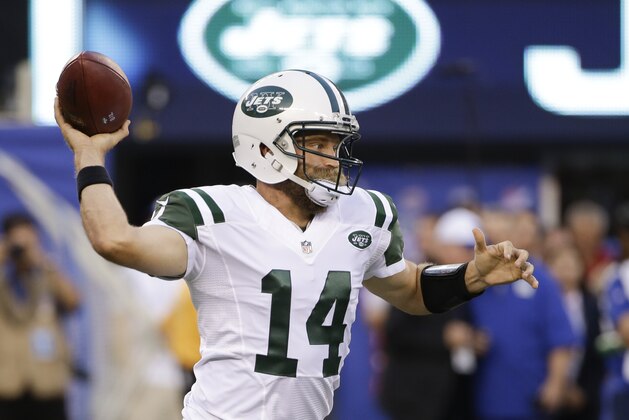 New York Jets quarterback Ryan Fitzpatrick (14) throws a pass during the first half of a preseason NFL football game against the New York Giants Saturday, Aug. 29, 2015  in East Rutherford, N.J. (AP Photo/Seth Wenig)