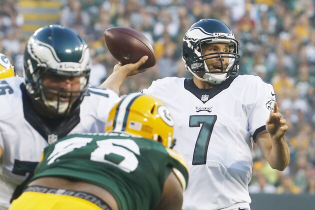 Philadelphia Eagles quarterback Sam Bradford throws during the first half of an NFL football game against the Green Bay Packers Saturday, Aug. 29, 2015, in Green Bay, Wis. (AP Photo/Mike Roemer)