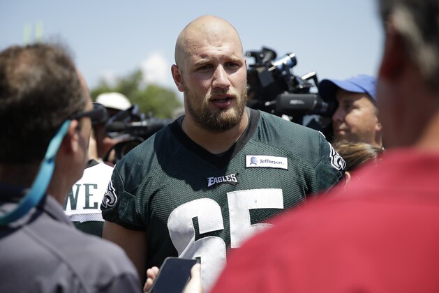 Philadelphia Eagles' Lane Johnson speaks with members of the media after practice at NFL football training camp, Monday, Aug. 3, 2015, in Philadelphia. (AP Photo/Matt Rourke)