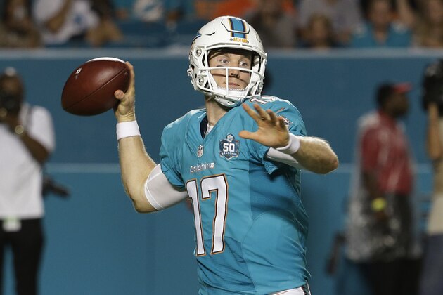Miami Dolphins quarterback Ryan Tannehill (17) looks to pass during the first half of a preseason NFL football game, Saturday, Aug. 29, 2015 in Miami Gardens, Fla. (AP Photo/Lynne Sladky)