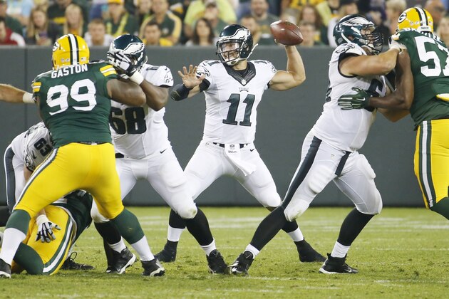 Philadelphia Eagles' Tim Tebow throws during the second half of an NFL football game against the Green Bay Packers Saturday, Aug. 29, 2015, in Green Bay, Wis. (AP Photo/Mike Roemer)
