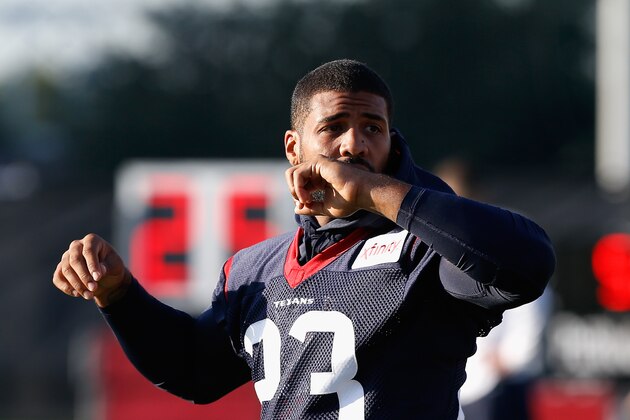 Houston Texans running back Arian Foster (23) during an NFL football training camp at the Methodist Training Center on Saturday August 1, 2015 in Houston, Texas. (AP Photo/Bob Levey)