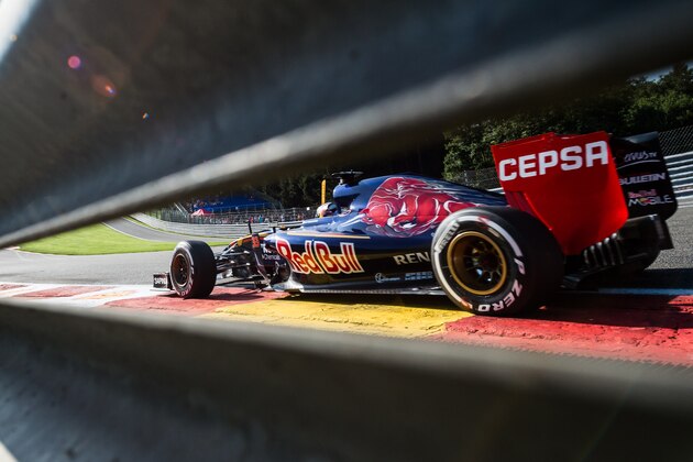 Toro Rosso driver Max Verstappen of the Netherlands drives his car during the first practice session at the Spa-Francorchamps circuit, Belgium, Friday, Aug. 21, 2015. The Belgium Formula One Grand Prix will be held on Sunday. (AP Photo/Geert Vanden Wijngaert)