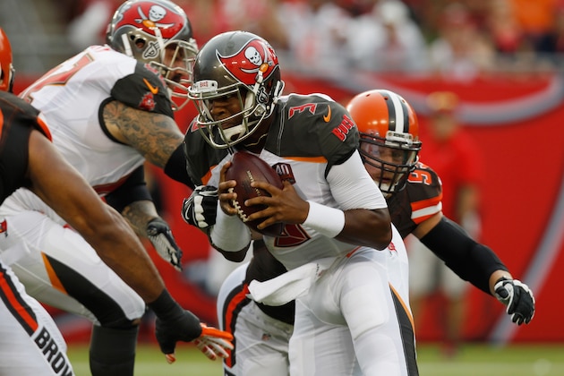 TAMPA, FL - AUGUST 29:  Outside linebacker Paul Kruger #99 of the Cleveland Browns puts pressure on quarterback Jameis Winston #3 of the Tampa Bay Buccaneers during the first quarter of the preseason game between the Tampa Bay Buccaneers and the Cleveland at Raymond James Stadium on August 29, 2015 in Tampa, Florida. (Photo by Scott Iskowitz/Getty Images)