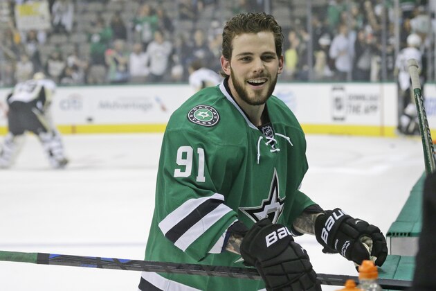 Dallas Stars center Tyler Seguin (91)  skates the ice during warm ups before an NHL hockey game against the Dallas Stars Thursday, March 19, 2015, in Dallas. (AP Photo/LM Otero)