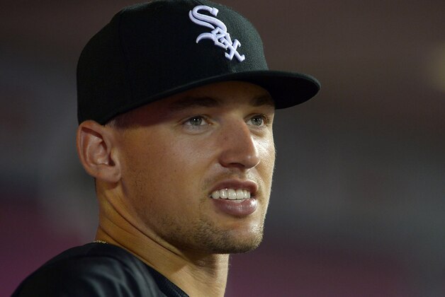 Aug 18, 2015; Anaheim, CA, USA; Chicago White Sox center fielder Trayce Thompson (28) in the dugout during the game against the Los Angeles Angels at Angel Stadium of Anaheim. Angels won 5-3. Mandatory Credit: Jayne Kamin-Oncea-USA TODAY Sports