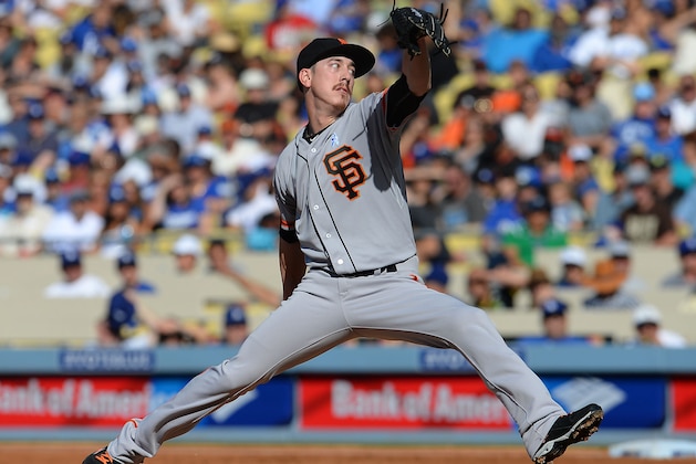 Jun 21, 2015; Los Angeles, CA, USA; San Francisco Giants starting pitcher Tim Lincecum (55) in the first inning of the game against the Los Angeles Dodgers at Dodger Stadium. Mandatory Credit: Jayne Kamin-Oncea-USA TODAY Sports