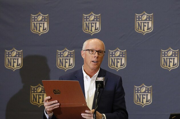 Atlanta Falcons president and CEO Rich McKay answers a question during an NFL football Competition Committee news conference at the NFL Annual Meeting, Monday, March 23, 2015, in Phoenix. (AP Photo/Ross D. Franklin)
