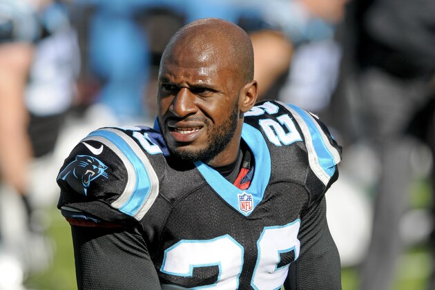 Carolina Panthers cornerback Drayton FloreN.C.e (29) is shown prior to an NFL football game against the Tampa Bay Buccaneers in Charlotte, N.C., Sunday, Dec.1, 2013. (AP Photo/Mike McCarn)