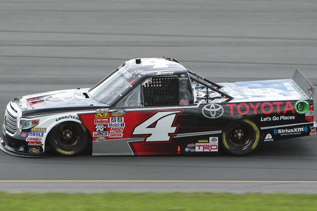 Aug 1, 2015; Long Pond, PA, USA; NASCAR Camping World Truck Series driver Erik Jones (4) races during the Pocono Mountains 150 at Pocono Raceway. Mandatory Credit: Matthew O'Haren-USA TODAY Sports