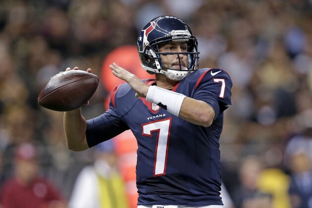 Houston Texans quarterback Brian Hoyer (7) passes in the first half of an NFL preseason football game against the New Orleans Saints in New Orleans, Sunday, Aug. 30, 2015. (AP Photo/Brynn Anderson)