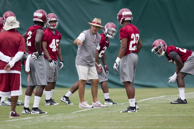 Alabama coach Nick Saban shows runs drills with the players during an NCAA college football practice, Thursday, Aug. 6, 2015, in Tuscaloosa, Ala. (AP Photo/Brynn Anderson)