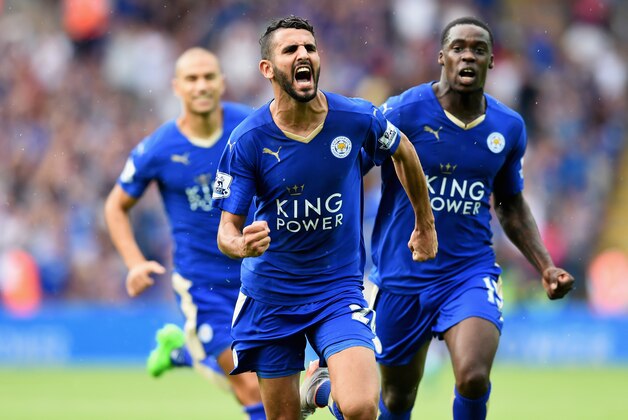 LEICESTER, ENGLAND - AUGUST 22:  Riyad Mahrez of Leicester City celebrates scoring his team's first goal  during the Barclays Premier League match between Leicester City and Tottenham Hotspur at The King Power Stadium on August 22, 2015 in Leicester, England.  (Photo by Michael Regan/Getty Images)