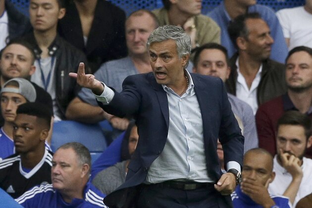 Chelsea's head coach Jose Mourinho shouts as he watches during the English Premier League soccer match between Chelsea and Crystal Palace at Stamford Bridge stadium in London, Saturday, Aug. 29, 2015.  (AP Photo/Matt Dunham)